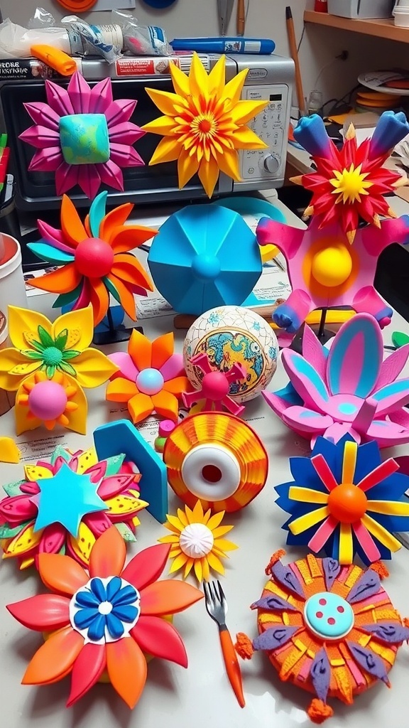 Colorful 3D art pieces made from microwave-safe materials displayed on a crafting table.